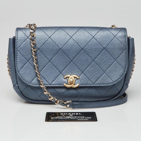 Chanel Metallic Blue Goatskin Leather Stitched Casual Trip Bag - Picture 2 of 10